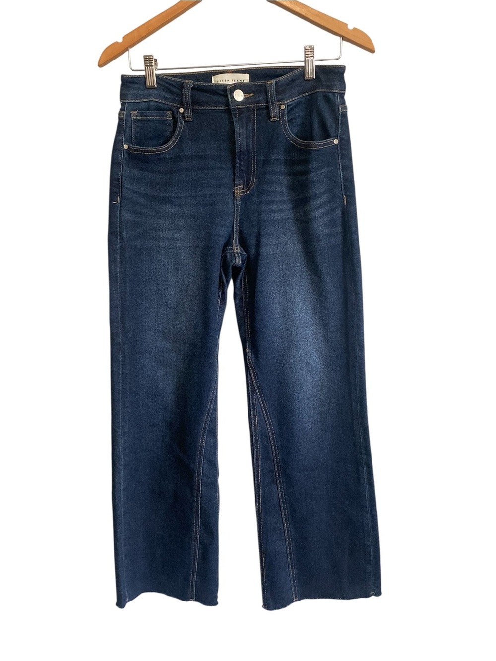 Risen Jeans Women’s Sz 5/27 Blue Flare Leg Raw Hem Stretch Minimalist Jeans